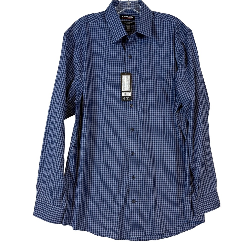 NWT Kirkland Signature Mens 16.5 34/35 Blue Plaid Pima Cott Non-Iron Dress Shirt